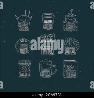 Set of set of storefront confectionary, coffee, bakery, vegetable, book, asian food, pharmacy, bar, fish shop drawing in vintage style on dark blue ba Stock Vector