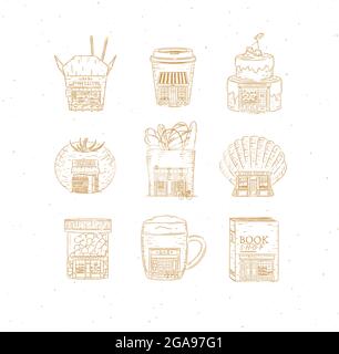 Set of set of storefront confectionary, coffee, bakery, vegetable, book, asian food, pharmacy, bar, fish shop drawing in vintage style Stock Vector