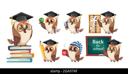 Owl in graduation cap, set of seven poses. Back to school concept. Wise owl, cute cartoon character. Stock vector illustration Stock Vector
