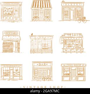 Set of cafe and shops confectionary, coffee, bakery, vegetable, book, Asian food, pharmacy, bar, fish drawing in vintage style Stock Vector