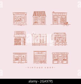 Set of cafe and shops confectionary, coffee, bakery, vegetable, book, Asian food, pharmacy, bar, fish drawing in vintage style on peach background Stock Vector