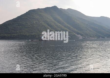 Perast, Montenegro - July 20, 2021 Island and church Our Lady of the Rocks Gospa od Skrpjela in Bay of Kotor Stock Photo