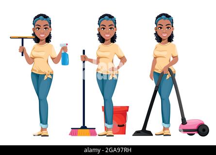 Pretty African American housewife cleaning, set of three poses. Cute lady cartoon character doing domestic work. Stock vector illustration Stock Vector