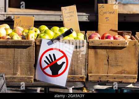 Do Not Touch Sign for spread Coronavirus at Green Market in Union Square on February 24, 2021 in New York City NY USA. Stock Photo