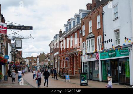 Chesham, Buckinghamshire, UK. 28th July, 2021. Shoppers in Chesham High Street today on market day. Credit: Maureen McLean/Alamy Stock Photo