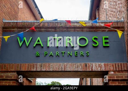 Chesham, Buckinghamshire, UK. 28th July, 2021. The Waitrose supermarket in Chesham. Some supermarkets are reporting issues with their supply chain due to a shortage of HGV drivers. Credit: Maureen McLean/Alamy Stock Photo