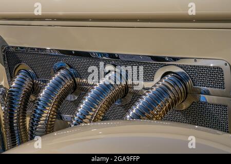 PLYMOUTH, MI/USA - JULY 26, 2021: Close-up of a 1931 Duesenberg Model J Derham exhaust at Concours d'Elegance of America car show at The Inn at St. Jo Stock Photo