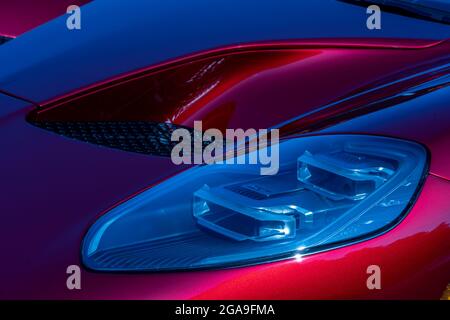 PLYMOUTH, MI/USA - JULY 26, 2021: Close-up of a Ford GT headlight at Concours d'Elegance of America car show at The Inn at St. John’s. Stock Photo