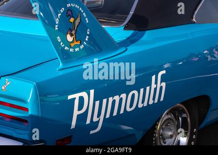 PLYMOUTH, MI/USA - JULY 26, 2021: Close-up of a 1970 Plymouth Road Runner Superbird wing at Concours d'Elegance of America at The Inn at St. John’s. Stock Photo