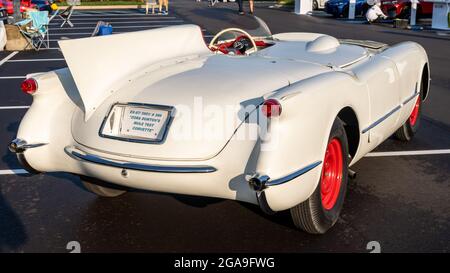 PLYMOUTH, MI/USA - JULY 26, 2021: A 1954 Chevrolet Corvette EX-87 car, used by Zora Arkus-Duntov at Concours d'Elegance of America. Stock Photo