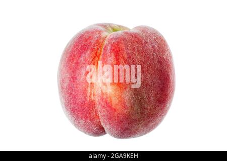 Ripe velvet peach fruit in peel, fresh whole noctarine agricultural fruit isolated on white background cutout. Stock Photo