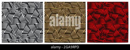 Set of abstract geometric pattern metal striped lines polygonal shape. Metallic grunge background with weave design. Vector illustration.Eps10 Stock Vector