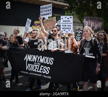 The Official Animal Rights March, London, 2018. Activists marching through UK’s capital city on 25th August 2018