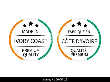 Made in Ivory Coast round labels in English and in French languages. Quality mark vector icon. Perfect for logo design, tags, badges, stickers, emblem Stock Vector