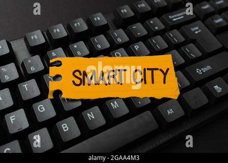 Inspiration showing sign Smart City. Business concept an urban area that uses communication technologies to collect data Connecting With Online Stock Photo