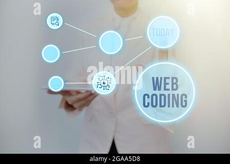Sign displaying Web Coding. Business showcase a system of symbols and rules used to represent instructions Lady Holding Tablet Pressing On Virtual Stock Photo