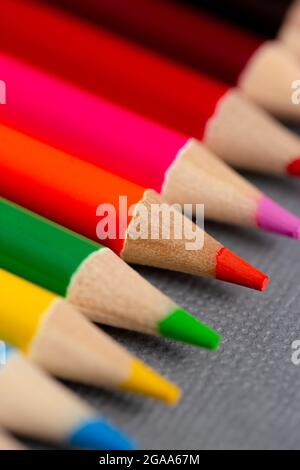 Set of Rainbow Colored Pencils on a Gray Background Stock Photo