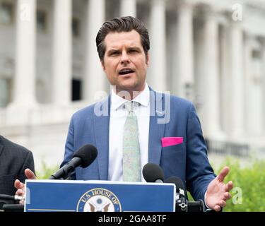 Washington, United States. 29th July, 2021. U.S. Representative Matt Gaetz (R-FL) speaks at a press conference where House Republicans spoke about the detention of those arrested for crimes they are accused of related to the insurrection on January 6 at the U.S. Capitol. Credit: SOPA Images Limited/Alamy Live News Stock Photo