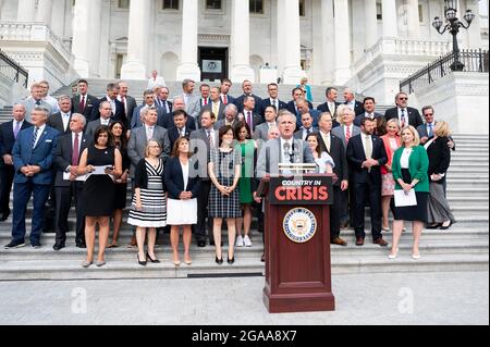 Washington, United States. 29th July, 2021. House Minority Leader Kevin McCarthy (R-CA) speaks at a press conference with House Republicans talking about President Joe Biden and House Speaker Nancy Pelosi's leadership. Credit: SOPA Images Limited/Alamy Live News Stock Photo