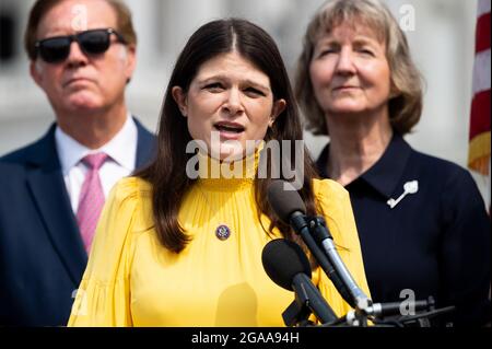 Washington, United States. 29th July, 2021. U.S. Representative Haley Stevens (D-MI) speaks at a press conference about Americans, specifically Trevor Reed and Paul Whelan, who are currently in Russian prisons. Credit: SOPA Images Limited/Alamy Live News Stock Photo