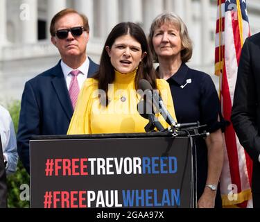 Washington, United States. 29th July, 2021. U.S. Representative Haley Stevens (D-MI) speaks at a press conference about Americans, specifically Trevor Reed and Paul Whelan, who are currently in Russian prisons. Credit: SOPA Images Limited/Alamy Live News Stock Photo