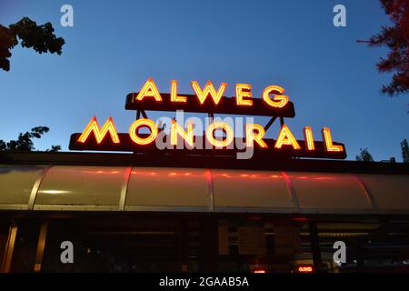 Seattle's iconic Alweg Monorail from Westlake to the Seattle Center, built for the 1962 World's Fair, the Century 21 Exposition Stock Photo