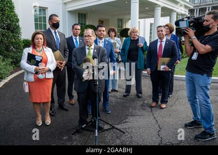 Washington, Vereinigte Staaten. 29th July, 2021. United States Representative Jerrold Nadler (Democrat of New York), Chairman, US House Judiciary Committee, and other Democratic leaders address reporters after meeting with President Joe Biden and Vice President Kamala Harris on DACA in the White House July 29, 2021. Credit: Ken Cedeno/Pool via CNP/dpa/Alamy Live News Stock Photo