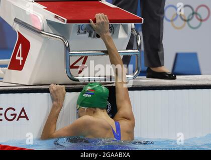 Tokyo, Japan. 29th July, 2021. South Africa's Tatjana Schoenmaker reacts after setting a World Record, 2:18.95 during the Women's 200m Breaststroke Final at the Tokyo Aquatics Centre in Tokyo, Japan on Friday, July 30, 2021. Photo by Tasos Katopodis/UPI Credit: UPI/Alamy Live News Stock Photo