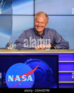 Kennedy Space Center, United States. 29th July, 2021. NASA Administrator Bill Nelson speaks at a press briefing at the Kennedy Space Center in advance of the launch of the Boeing Starliner Orbital Flight Test 2. The launch was scheduled for July 30 but postponed after a problem developed at the International Space Station. (Photo by Paul Hennessy/SOPA Images/Sipa USA) Credit: Sipa USA/Alamy Live News Stock Photo