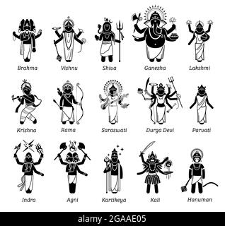 Hindu Gods, Goddess, and deities in stick figure icons. Vector illustrations of popular Hindu deities Brahma, Vishnu, Shiva, Genesha, Lakshmi, Krishna Stock Vector