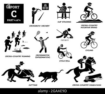 Sport games alphabet C vector icons pictogram. Crossbow archery, cup stacking, cross country mountain biking, running, crossminton speedminton, cycle Stock Vector