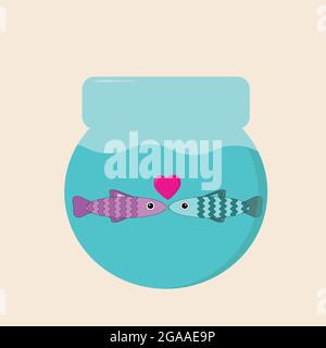 a pair of two fish in love pink and blue look at each other hearts fly above them in a round aquarium on monochrome Stock Vector