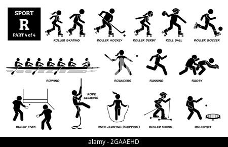 Sport games alphabet R vector icons pictogram. Roller skating, roller hockey, derby, roll ball, soccer, rowing, rounders, running, rugby, rugby fives, Stock Vector