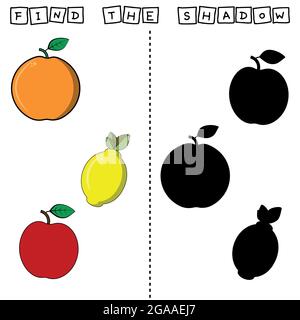 Developing activity for children, find a pair among identical of  fruites: orange, apple, lemon . Logic game for children. Stock Vector