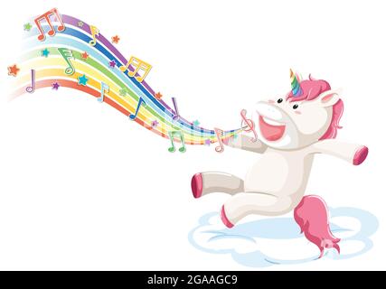 Unicorn jumping on the cloud with melody symbols on rainbow wave ...