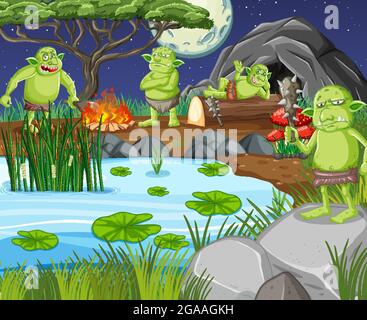 Night scene with goblin or troll cartoon character illustration Stock Vector