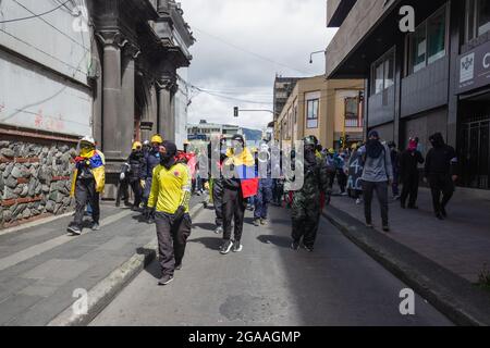 Pasto, Colombia. 28th July, 2021. Demonstrators use Colombia's national football team shirts and flags as demonstrations ended in late-night clashes between Colombia's riot police (ESMAD) and Demonstrators as Colombia marks 3 months of Anti-Government Protests against Colombia's president Ivan Duque government, and a new tax-reform amidst unrest and violence that left at least 83 dead since protests started. On July 28, 2021 in Pasto-Narino, Colombia. Credit: Long Visual Press/Alamy Live News Stock Photo