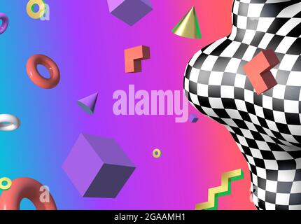 Abstract background with flying colorful 3D geometric shapes over vibrant gradient backdrop. Abstraction with checkered shape in 90s style. Stock Vector