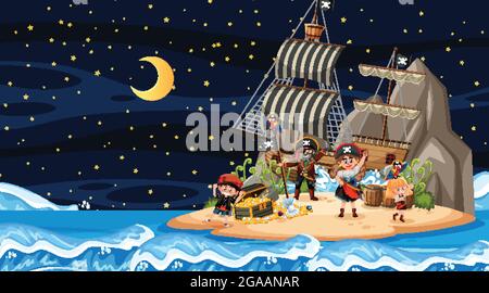 Treasure Island scene at night with Pirate kids illustration Stock ...