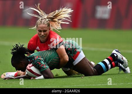 Tokyo, Japan. 30th July, 2021. Womens rugby 7s. Great Britain Vs Kenya. Tokyo Stadium. 376-3. Nishimachi. Chofu-shi. Tokyo. Janet Okello (KEN) is tackled by Emma Uren (GBR). Credit Garry Bowden/Sport in Pictures/Alamy live news Credit: Sport In Pictures/Alamy Live News Stock Photo