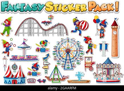 Sticker set of amusement park objects and cartoon characters ...