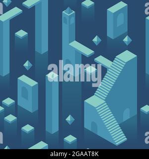 Isometric blue minamal Abstract underwater city seamless pattern. Atlantis fantasy landscape. Psychology, deeb of subconcious concept. Stock Vector