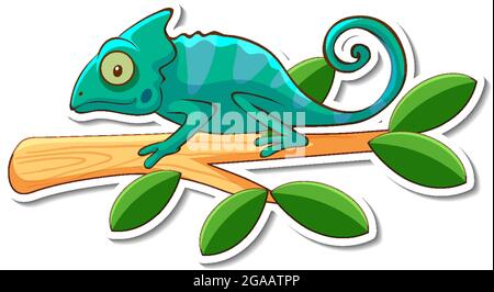 Chameleon lizard standing on a branch sticker illustration Stock Vector