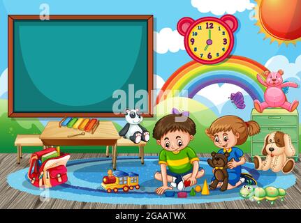 Kindergarten school scene with two children playing toys in the room illustration Stock Vector