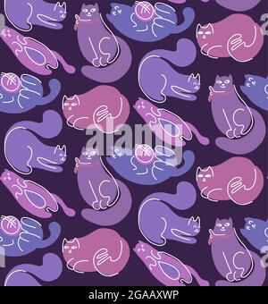 Seamless pattern with cute abstract lazy cats on dark background. Vector texture with pets. Animalistic modern wallpaper. Fabric and wallpaper with fl Stock Vector