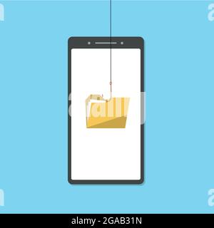 Hacker stealing sensitive data, personal information as passwords from a smartphone useful for anti phishing and internet viruses. Stock Vector