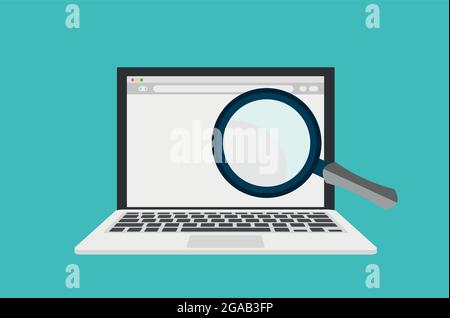Website SEO, search engine optimisation on laptop, analysis and process flat vector Stock Vector