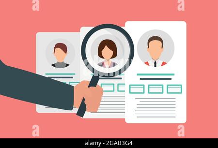 Job searchers and office workers are being chosen with magnifying glass. Stock Vector
