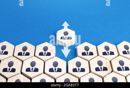 Employee's entry or exit from the general group. Integrity violation, non-conformist. Inappropriate, incompetent. Recruiting and hiring personnel, lay Stock Photo