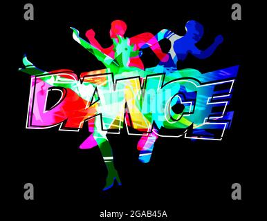 Dancers, modern disco dance, night party. Expressive stylized illustration of three dancing young people and DANCE inscription on black background. Stock Photo